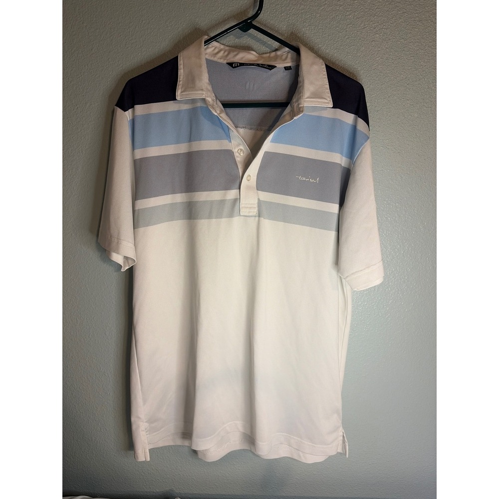 Travis Mathew Mens Large White Blue Striped Sycamore Hills Golf Polo Shirt
